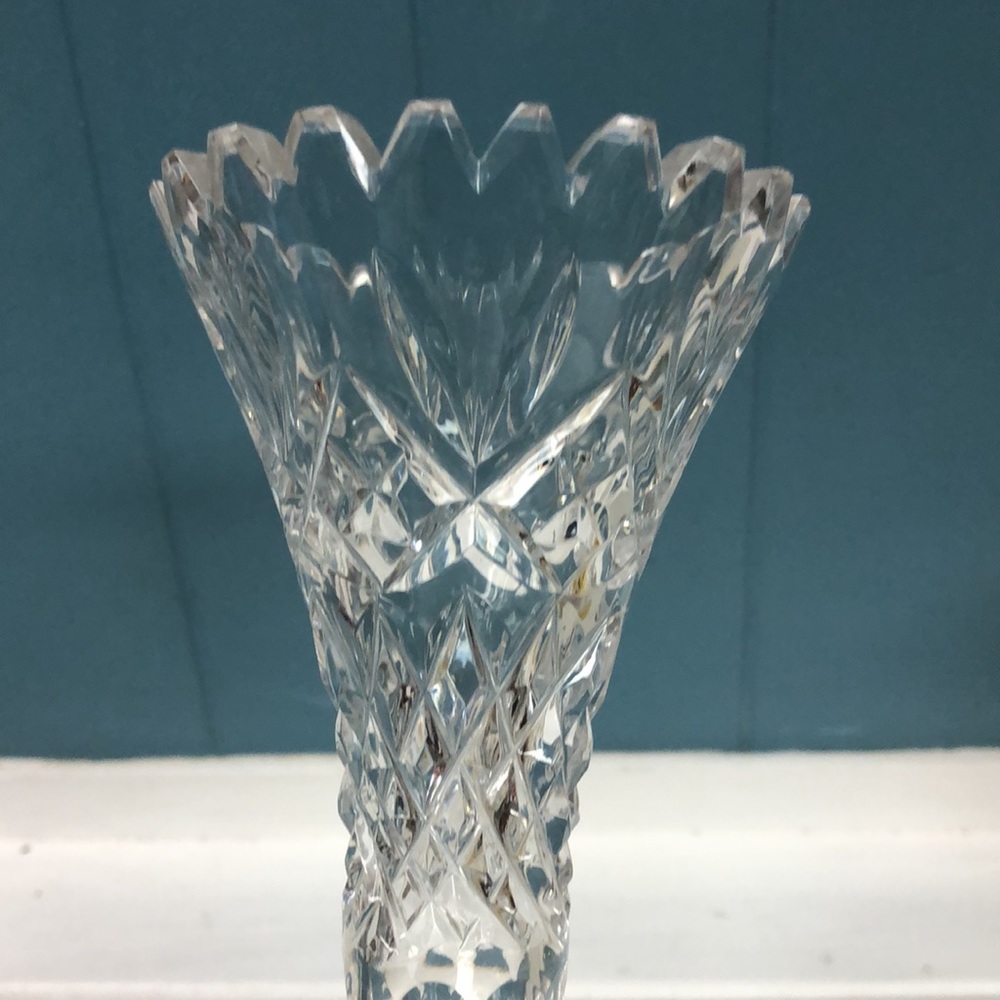 Vtg Footed Clear Glass Bud Vase Vintage Star of David Starburst Pinwheel 8”x3.5” - Picture 7 of 9
